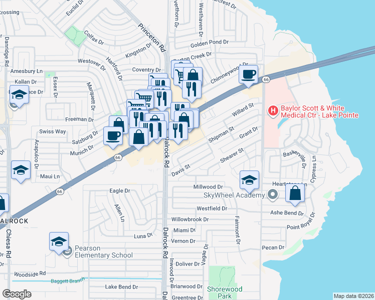 map of restaurants, bars, coffee shops, grocery stores, and more near 8901 Shipman Street in Rowlett