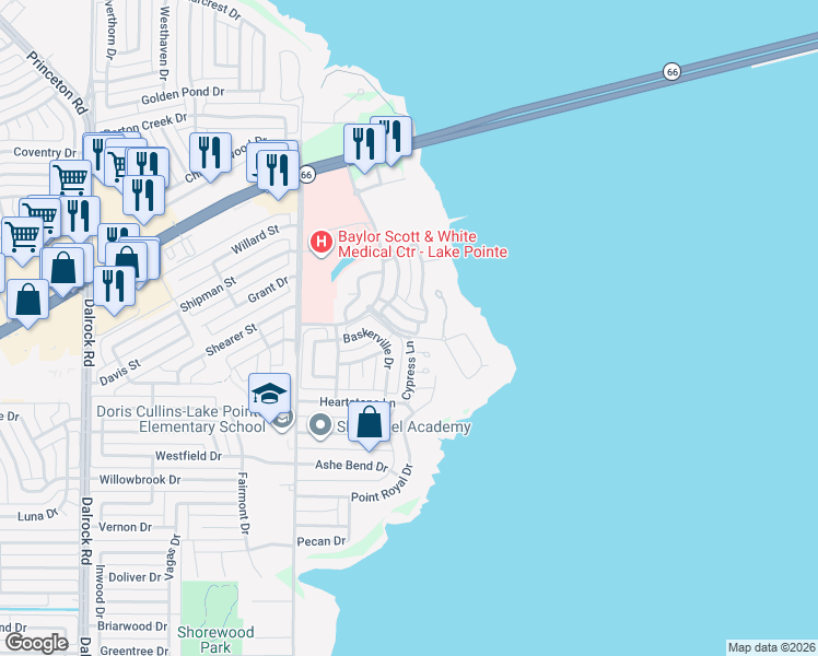 map of restaurants, bars, coffee shops, grocery stores, and more near 9714 Chasefield Drive in Rockwall