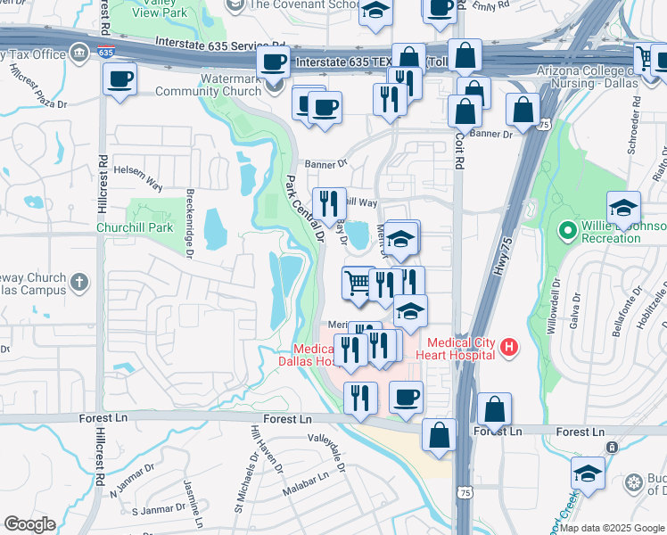 map of restaurants, bars, coffee shops, grocery stores, and more near 12302 Park Central Dr in Dallas