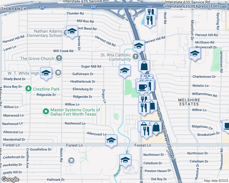 map of restaurants, bars, coffee shops, grocery stores, and more near 4922 Ellensburg Drive in Dallas