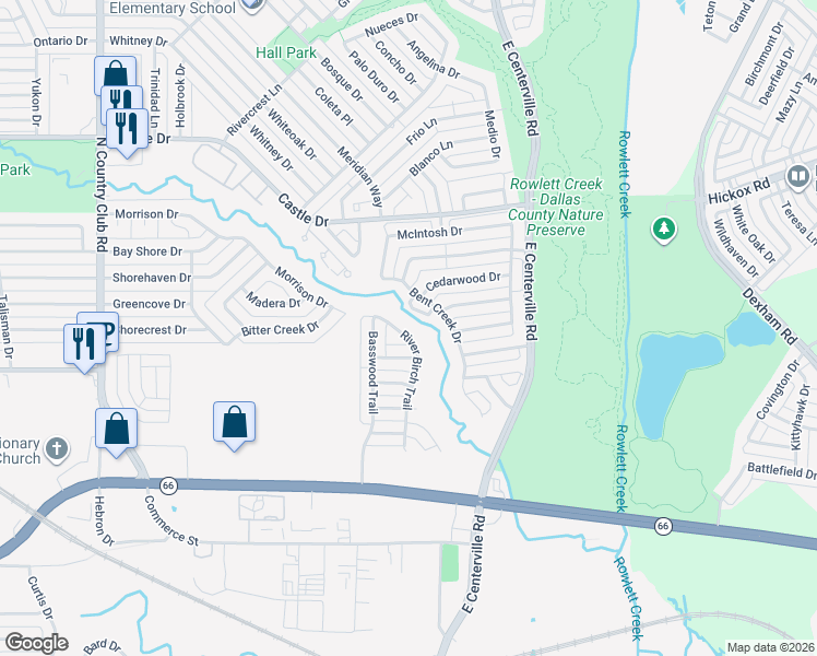 map of restaurants, bars, coffee shops, grocery stores, and more near 522 River Birch Trail in Garland
