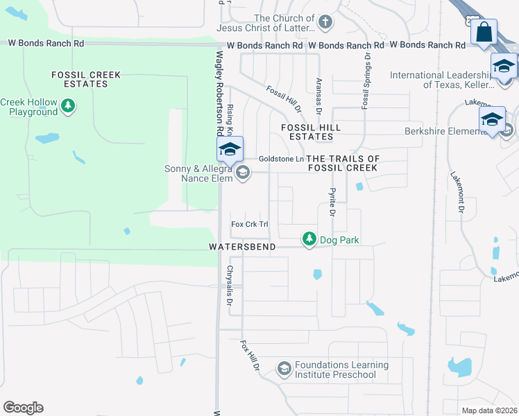 map of restaurants, bars, coffee shops, grocery stores, and more near 10220 Fox Grove Court in Fort Worth
