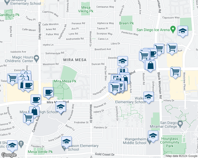 map of restaurants, bars, coffee shops, grocery stores, and more near 10874 Greenford Drive in San Diego
