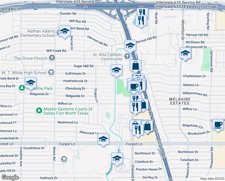 map of restaurants, bars, coffee shops, grocery stores, and more near 4922 Ellensburg Drive in Dallas
