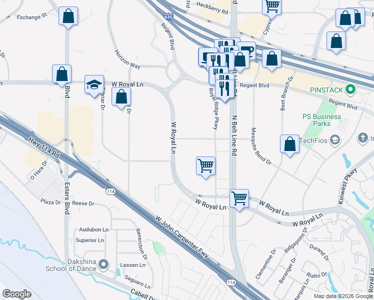 map of restaurants, bars, coffee shops, grocery stores, and more near 3625 West Royal Lane in Irving