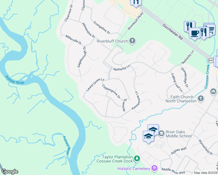 map of restaurants, bars, coffee shops, grocery stores, and more near 8646 Coppergrove Drive in North Charleston