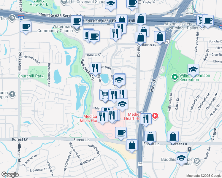 map of restaurants, bars, coffee shops, grocery stores, and more near 12377 Merit Drive in Dallas