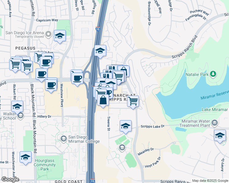 map of restaurants, bars, coffee shops, grocery stores, and more near 9951 Mira Mesa Boulevard in San Diego