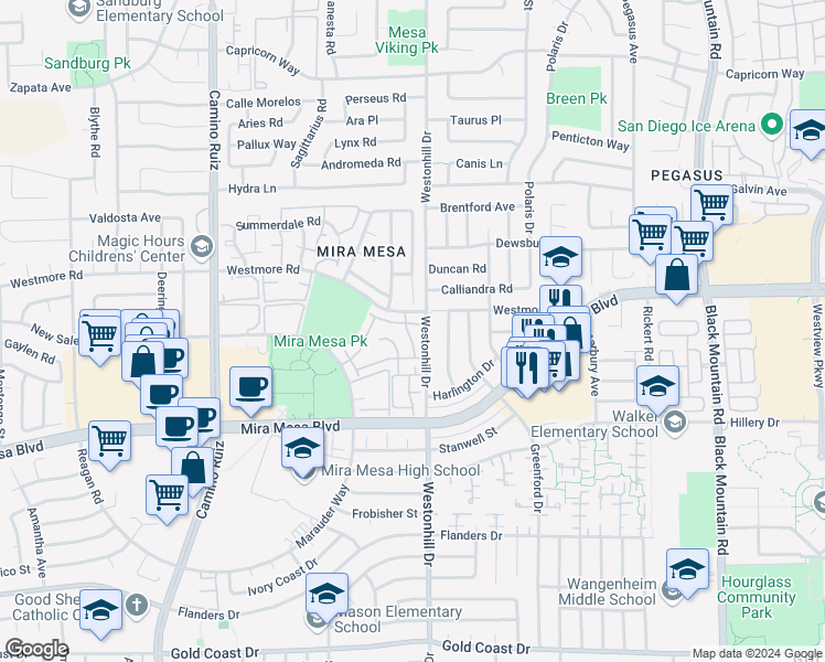 map of restaurants, bars, coffee shops, grocery stores, and more near 8727 Westmore Road in San Diego