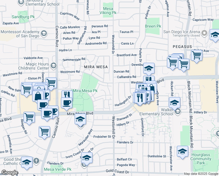 map of restaurants, bars, coffee shops, grocery stores, and more near 8727 Westmore Road in San Diego