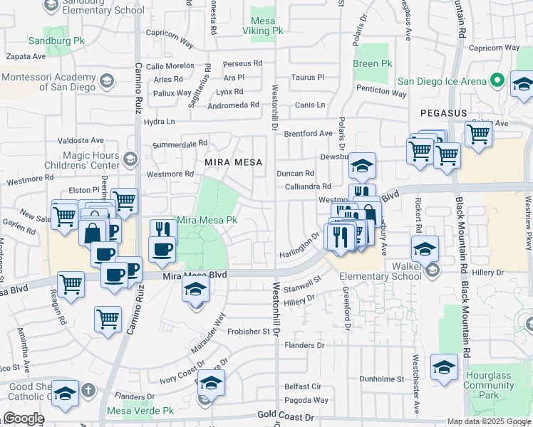 map of restaurants, bars, coffee shops, grocery stores, and more near 8727 Westmore Road in San Diego