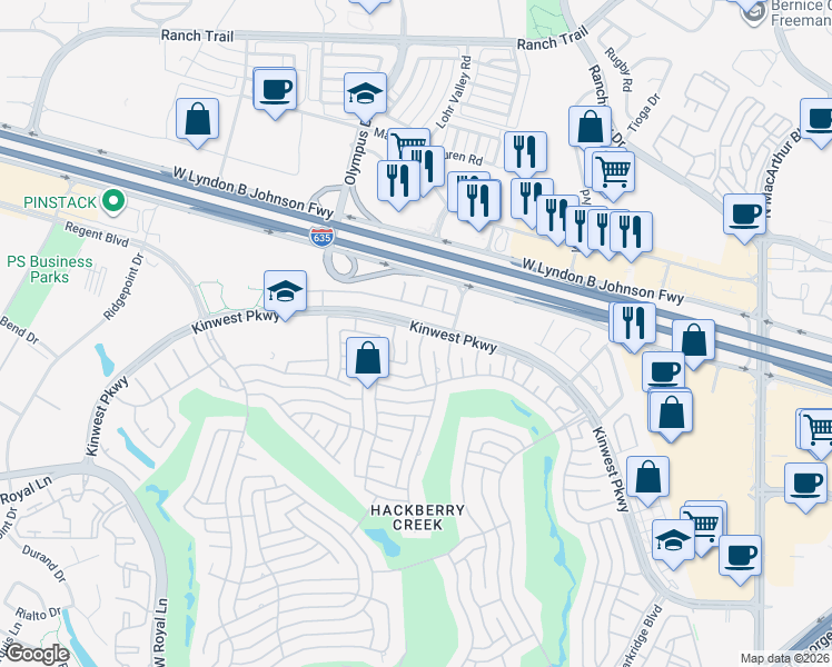 map of restaurants, bars, coffee shops, grocery stores, and more near 7730 Pine Street in Irving
