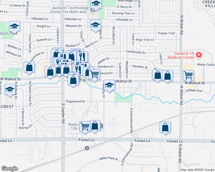 map of restaurants, bars, coffee shops, grocery stores, and more near 3200 North Kirby Street in Garland