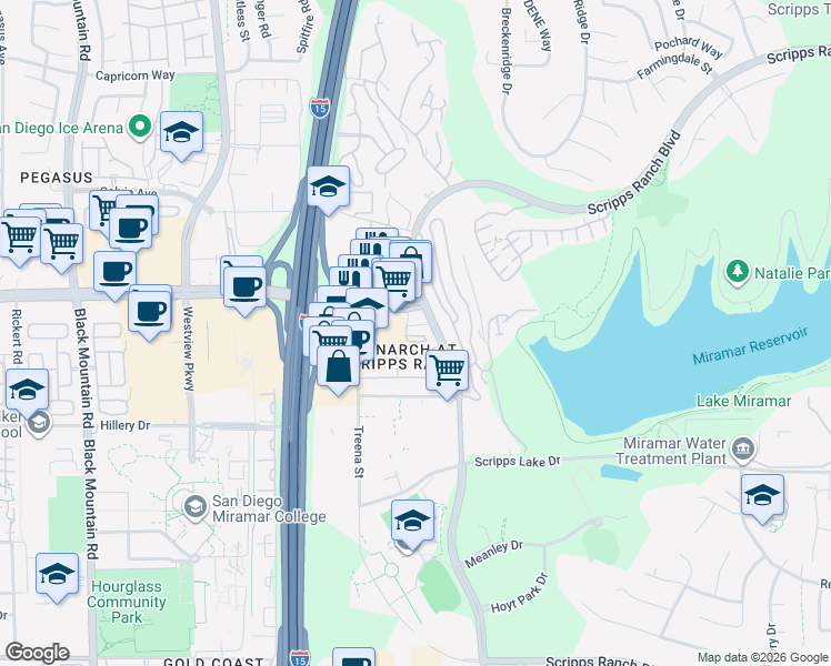 map of restaurants, bars, coffee shops, grocery stores, and more near 10848 Scripps Ranch Boulevard in San Diego