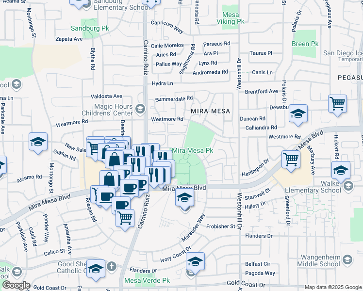 map of restaurants, bars, coffee shops, grocery stores, and more near 8496 New Salem Street in San Diego
