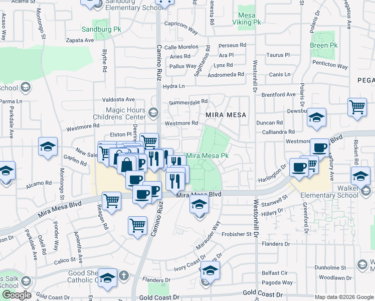 map of restaurants, bars, coffee shops, grocery stores, and more near 8496 New Salem Street in San Diego