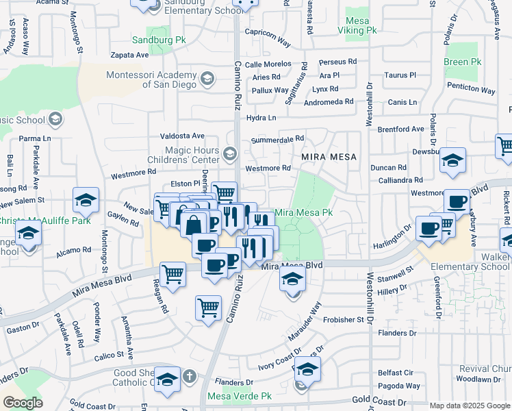 map of restaurants, bars, coffee shops, grocery stores, and more near 8418 New Salem Street in San Diego