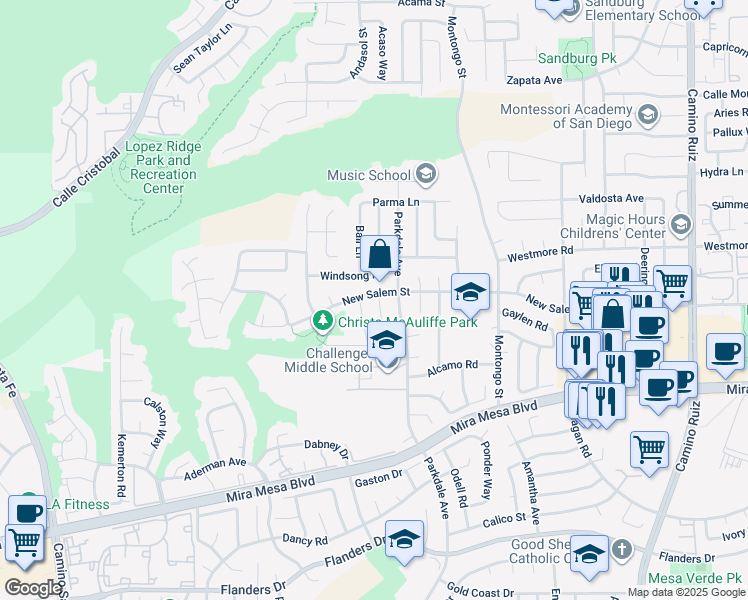 map of restaurants, bars, coffee shops, grocery stores, and more near 10896 Sandy Hook Road in San Diego