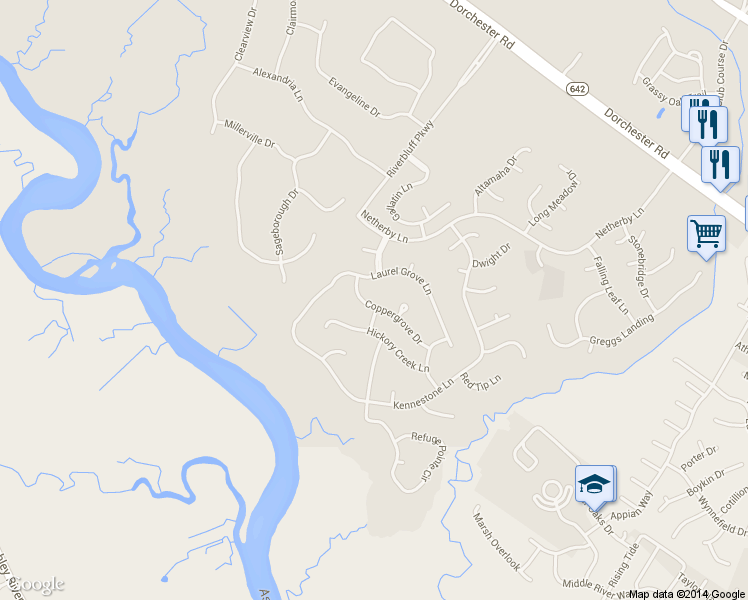 map of restaurants, bars, coffee shops, grocery stores, and more near 8646 Coppergrove Dr in North Charleston