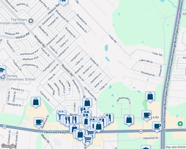 map of restaurants, bars, coffee shops, grocery stores, and more near 3419 Lily Lane in Rowlett