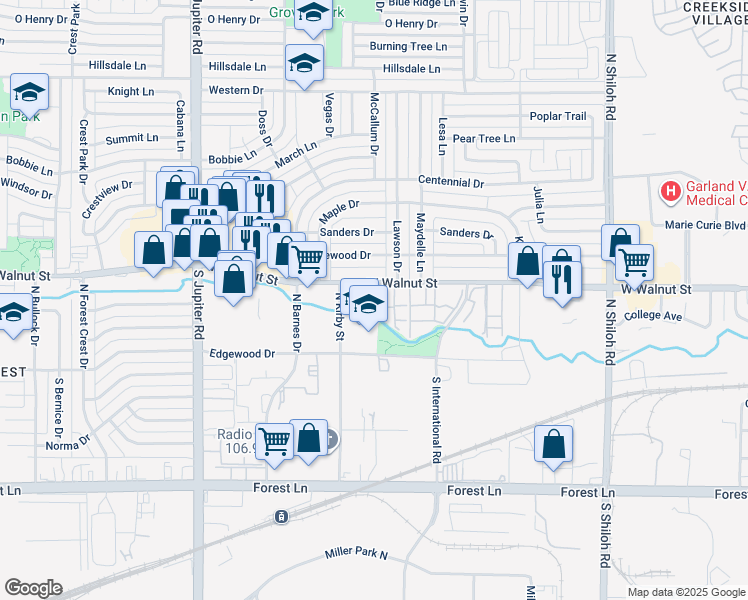 map of restaurants, bars, coffee shops, grocery stores, and more near 3110 West Walnut Street in Garland