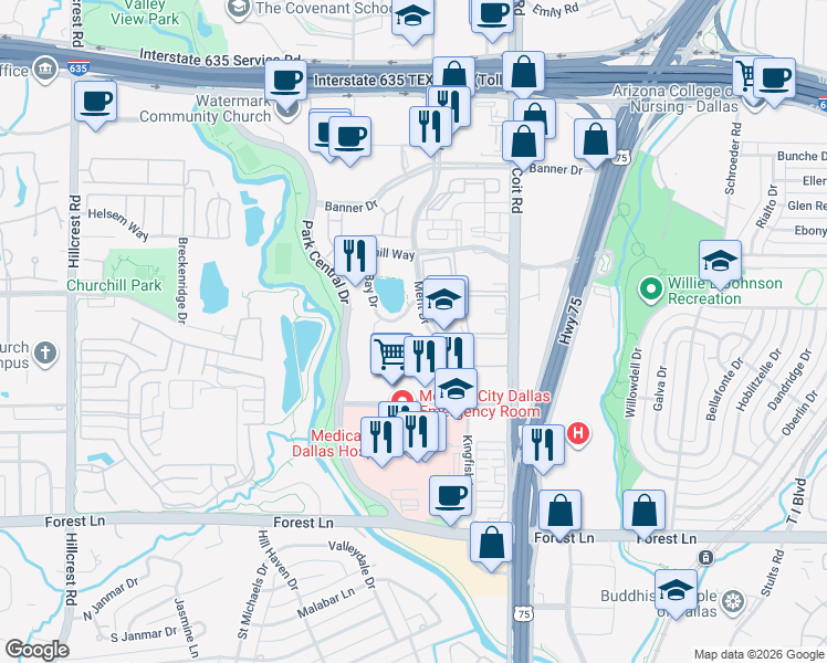 map of restaurants, bars, coffee shops, grocery stores, and more near 12377 Merit Drive in Dallas