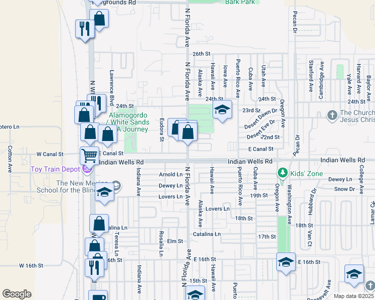map of restaurants, bars, coffee shops, grocery stores, and more near 2123 North Florida Avenue in Alamogordo