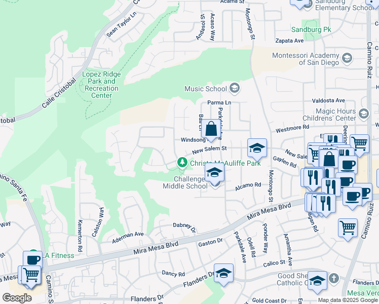 map of restaurants, bars, coffee shops, grocery stores, and more near 7582 New Salem Street in San Diego