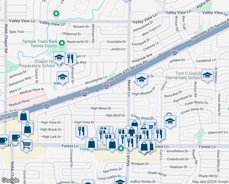map of restaurants, bars, coffee shops, grocery stores, and more near 12343 High Meadow Place in Dallas