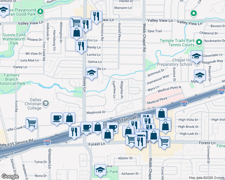 map of restaurants, bars, coffee shops, grocery stores, and more near 12229 Treeview Lane in Farmers Branch