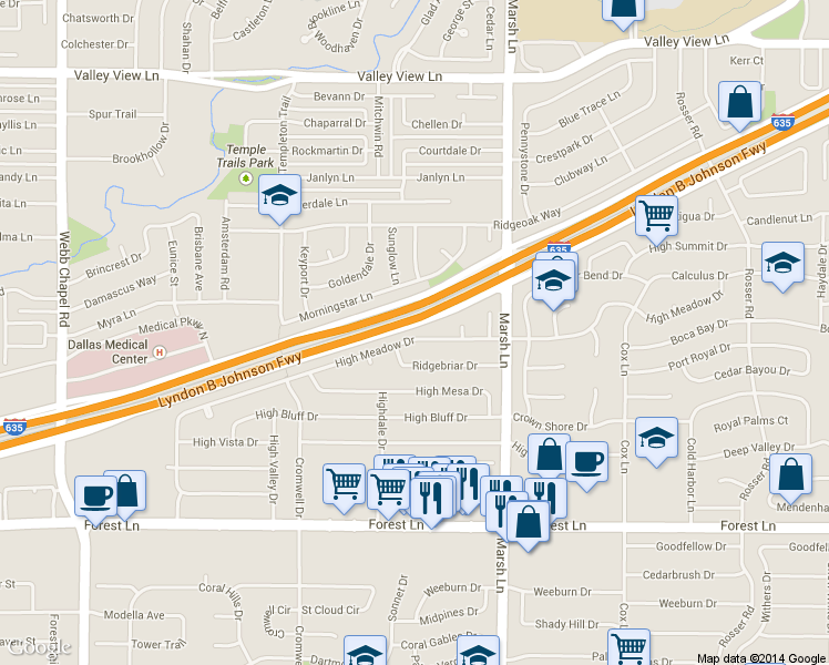 map of restaurants, bars, coffee shops, grocery stores, and more near 12315 High Meadow Drive in Dallas