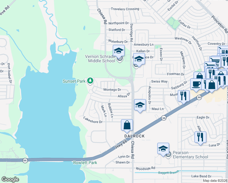 map of restaurants, bars, coffee shops, grocery stores, and more near 7110 Montego Dr in Rowlett