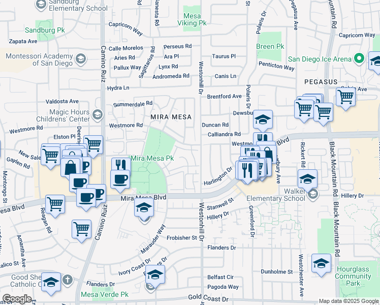 map of restaurants, bars, coffee shops, grocery stores, and more near 87 Westmore Road in San Diego