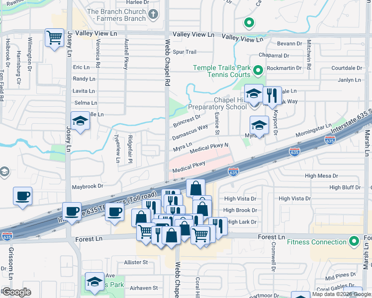 map of restaurants, bars, coffee shops, grocery stores, and more near 3134 Myra Lane in Farmers Branch