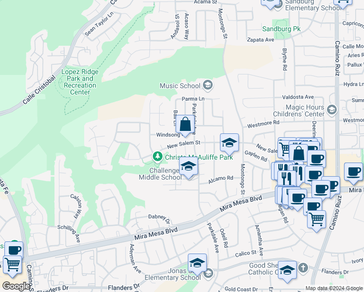 map of restaurants, bars, coffee shops, grocery stores, and more near 10896 Sandy Hook Road in San Diego