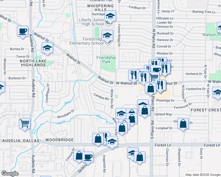 map of restaurants, bars, coffee shops, grocery stores, and more near 10246 White Elm Road in Dallas
