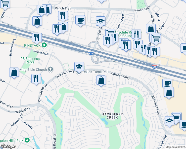 map of restaurants, bars, coffee shops, grocery stores, and more near 7729 Sumac Road in Irving
