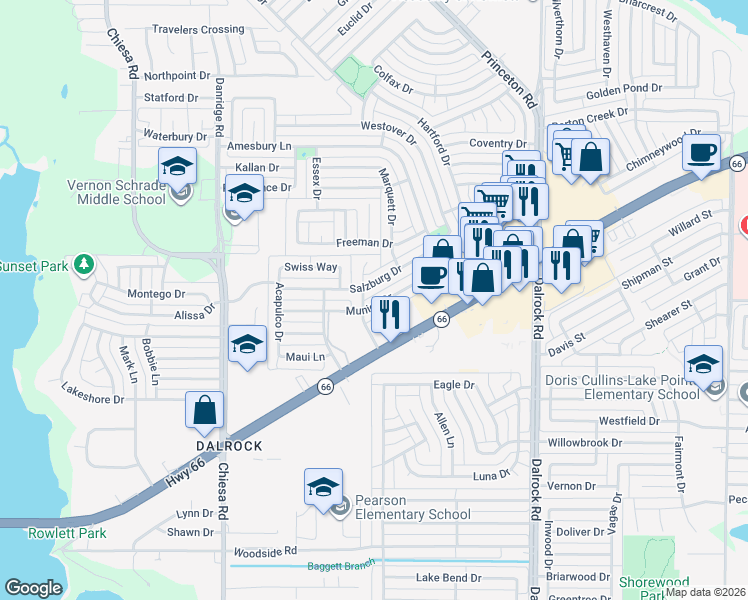 map of restaurants, bars, coffee shops, grocery stores, and more near 7905 Munich Dr in Rowlett