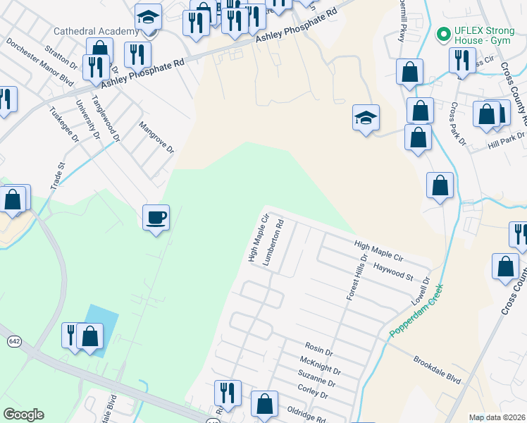 map of restaurants, bars, coffee shops, grocery stores, and more near 7782 High Maple Circle in North Charleston