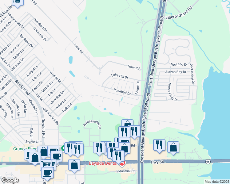 map of restaurants, bars, coffee shops, grocery stores, and more near 4402 Rosebud Drive in Rowlett