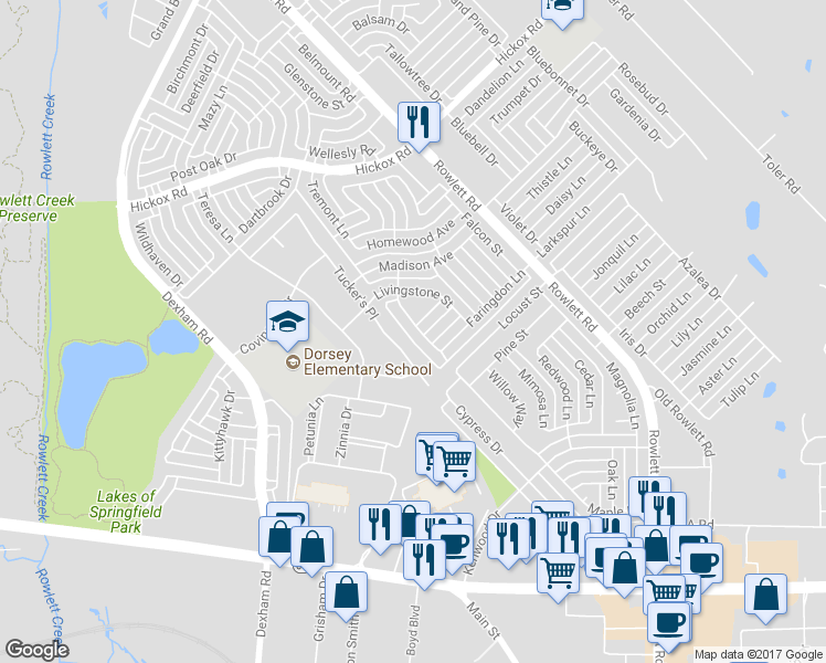 map of restaurants, bars, coffee shops, grocery stores, and more near 6605 Springmeadow Lane in Rowlett