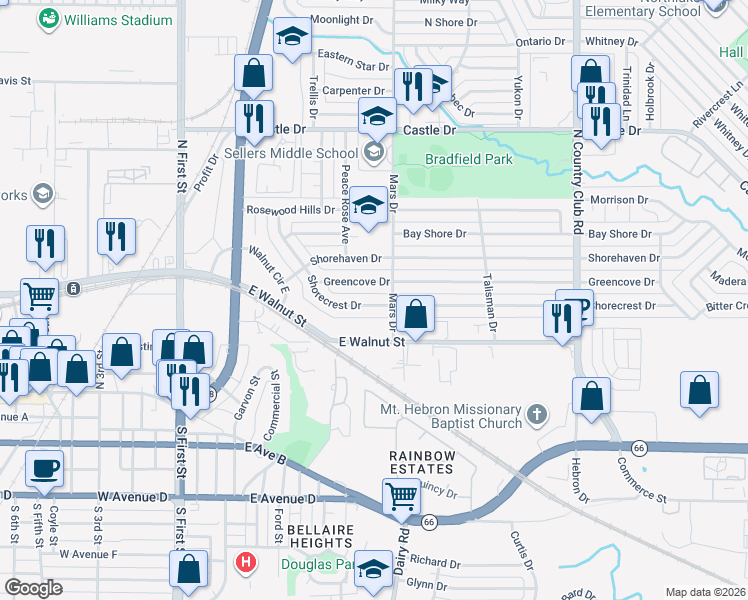 map of restaurants, bars, coffee shops, grocery stores, and more near 705 Shorecrest Drive in Garland