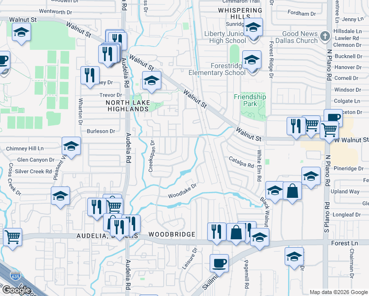 map of restaurants, bars, coffee shops, grocery stores, and more near 10111 Candlebrook Drive in Dallas