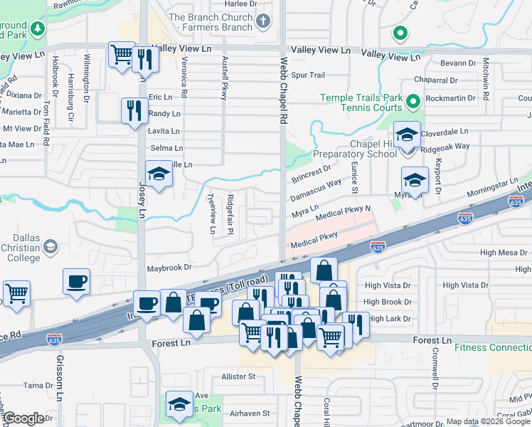 map of restaurants, bars, coffee shops, grocery stores, and more near 3016 Westminster Drive in Farmers Branch
