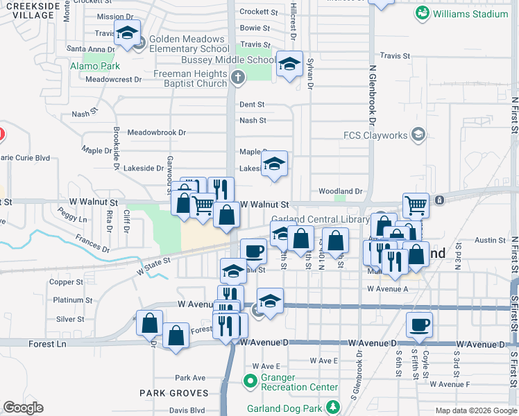 map of restaurants, bars, coffee shops, grocery stores, and more near 421 Ann Street in Garland