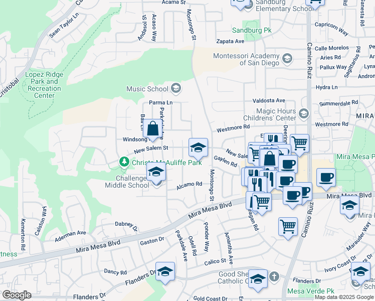 map of restaurants, bars, coffee shops, grocery stores, and more near 7817 New Salem Street in San Diego