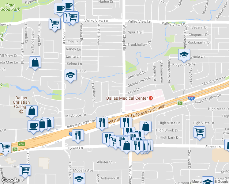 map of restaurants, bars, coffee shops, grocery stores, and more near 3016 Westminster Dr in Farmers Branch