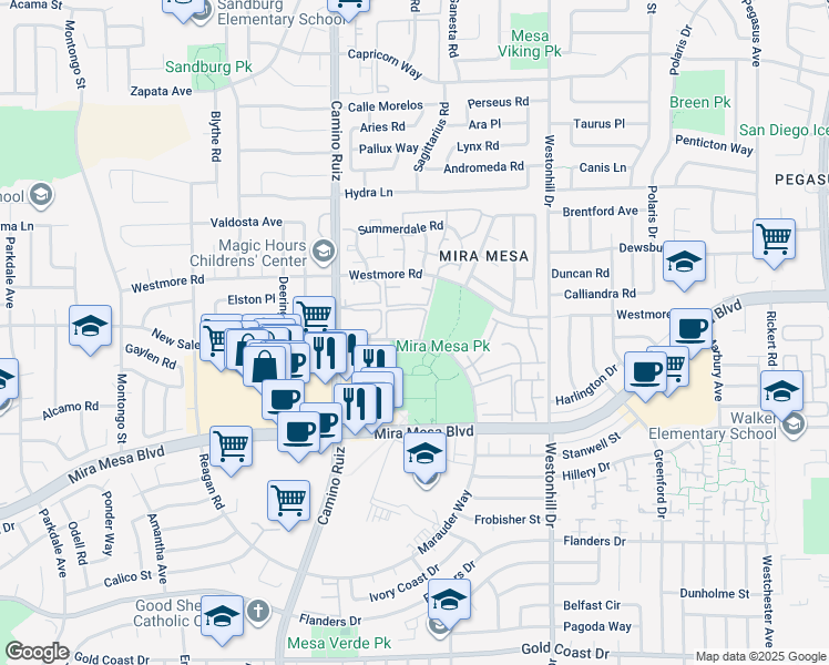 map of restaurants, bars, coffee shops, grocery stores, and more near 8492 New Salem Street in San Diego