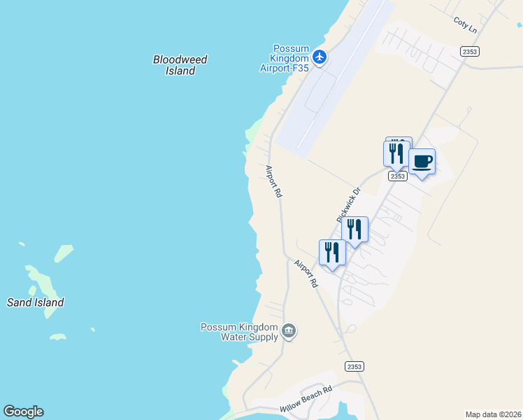 map of restaurants, bars, coffee shops, grocery stores, and more near 1123 Airport Road in Graford