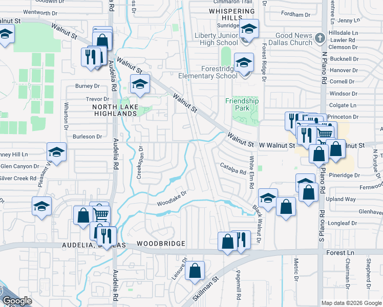 map of restaurants, bars, coffee shops, grocery stores, and more near 10104 Shadow Way in Dallas